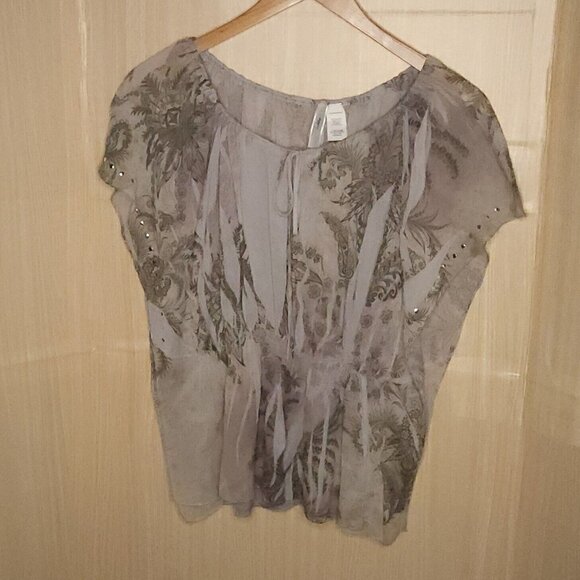 Aggie Womens Grey Gauzy Sheer Studded Oversized Blouse Small - Picture 1 of 6